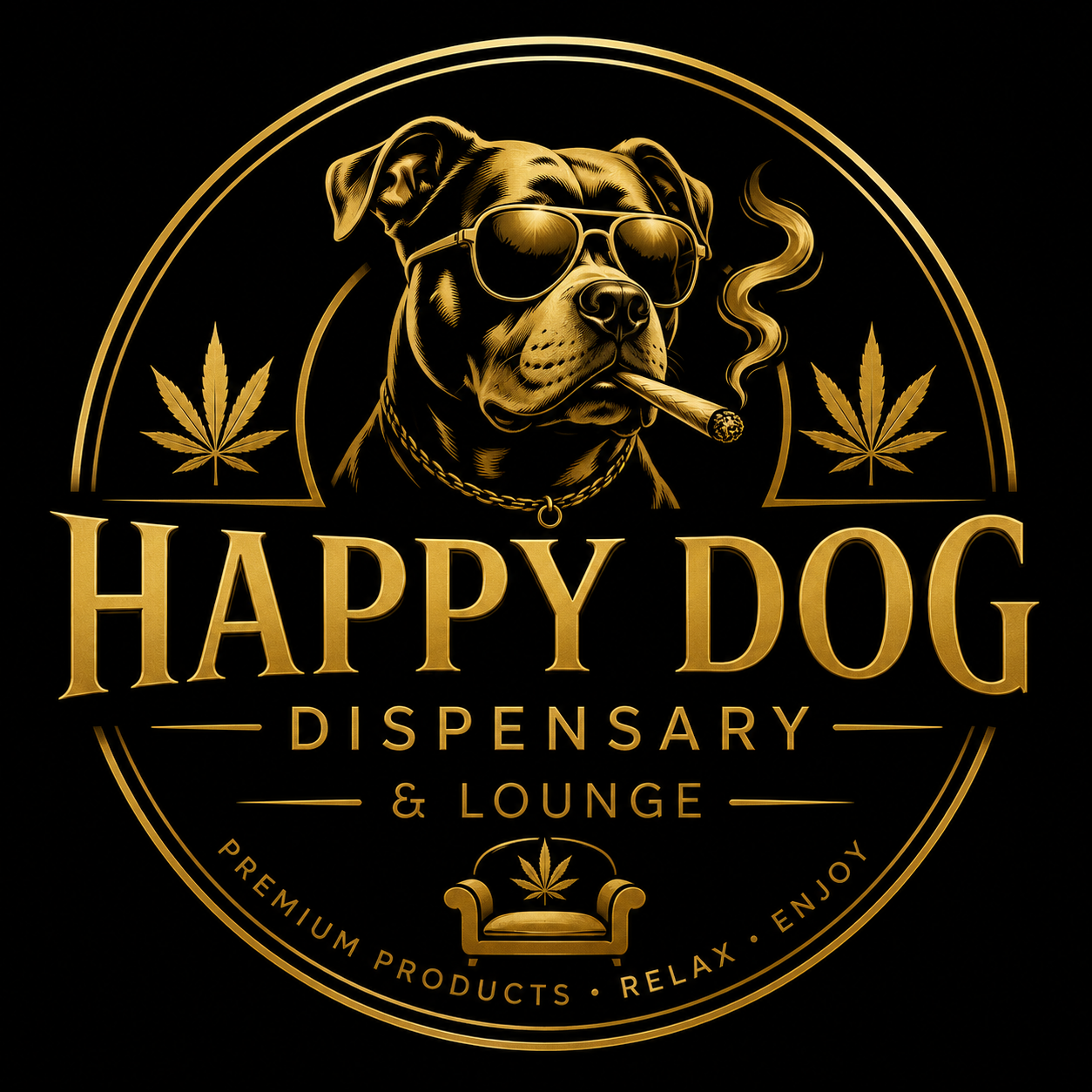 Happy Dog Dispensary & Lounge official gold logo